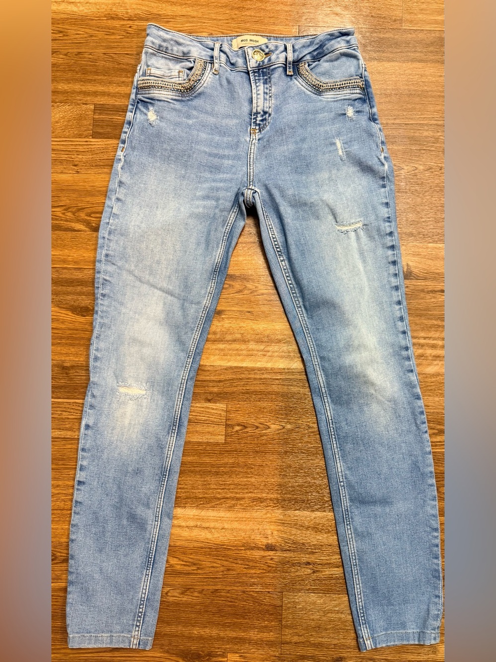 Mos Mosh light wash chic comfy denim ankle jeans embroidered front pockets 26 EC
